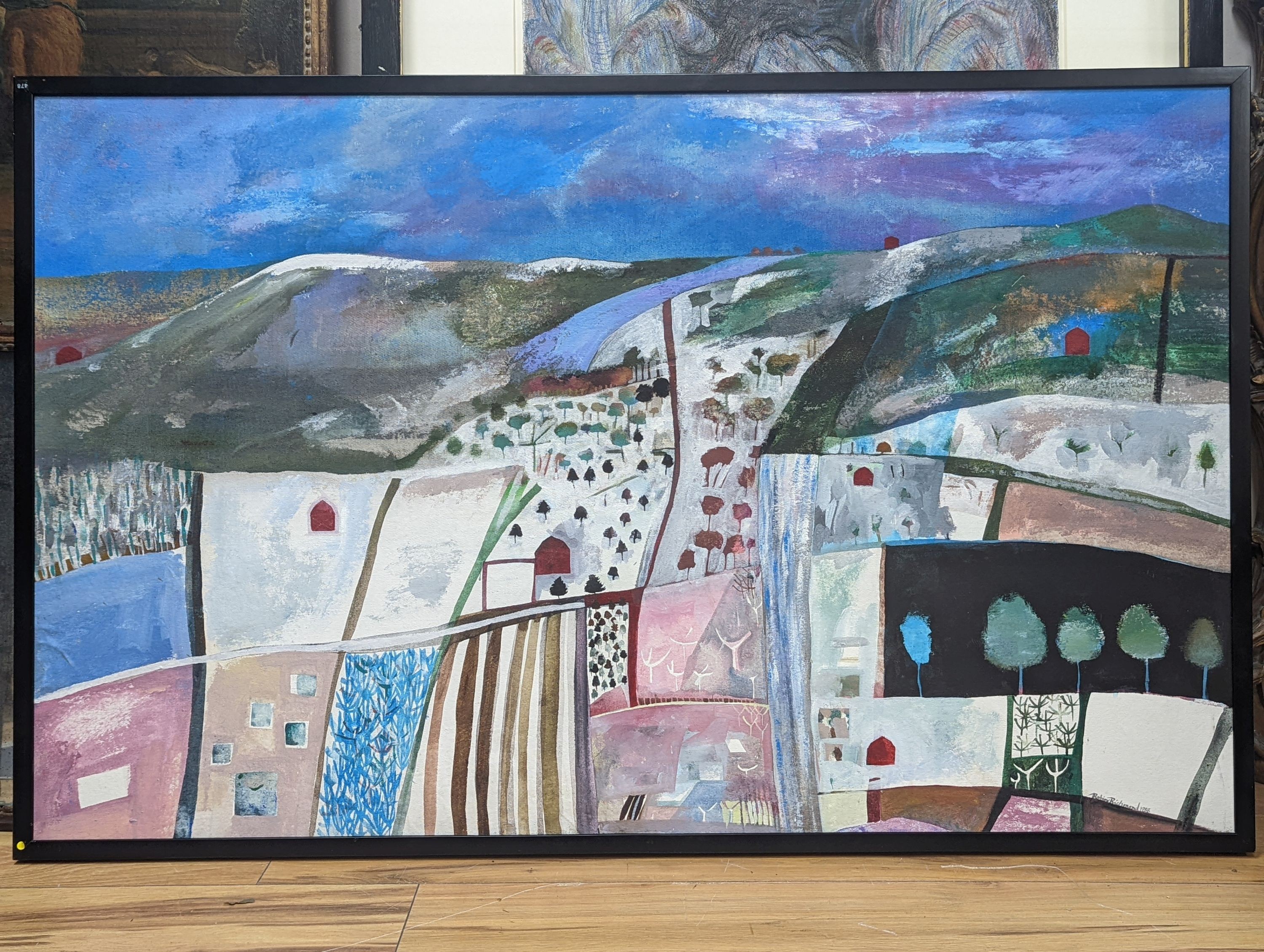 Robin Richmond (Contemporary), oil on canvas, 'Quilt with Seven Barns', signed and dated 1988, Mercury Gallery label verso, 75 x 121cm